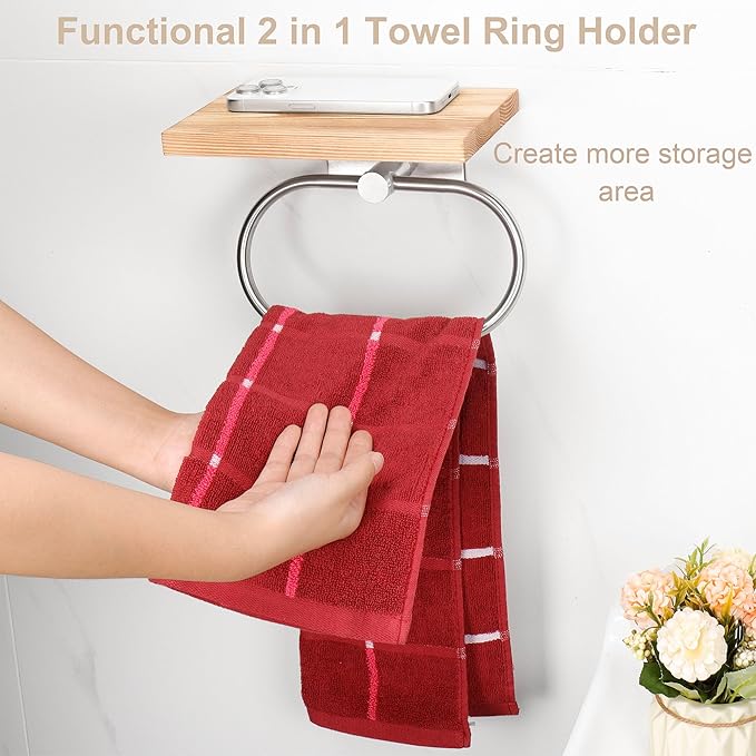 TocTen Hand Towel Holder for Bathroom Wall Mount Towel Ring with Wooden Shelf, Premium Metal Hand Towel Rack, Bathroom Accessories Rustic Hand Towel Hanger for Bathroom Kitchen RV(Brushed Nickel)