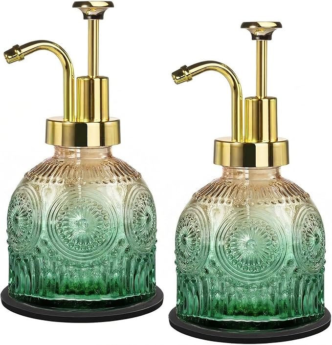 Amolliar 8 Oz Vintage Glass Bathroom Soap Dispensers with Pump, 2 Pack Refillable Kitchen Dish Soap Dispenser with Stripe, Antique Rustic Hand Soap Liquid Bottle (Green Gradient-Golden Pump)