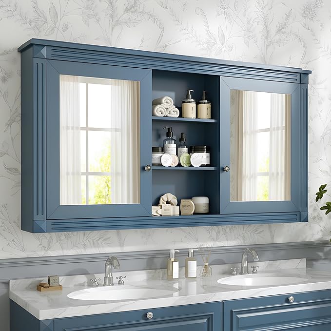 Merax Bathroom Medicine Cabinet with Mirror Door & Adjustable Shelf, 55" x 28" Wall Mounted Bathroom Storage Cabinet with Mirror, Over The Toilet