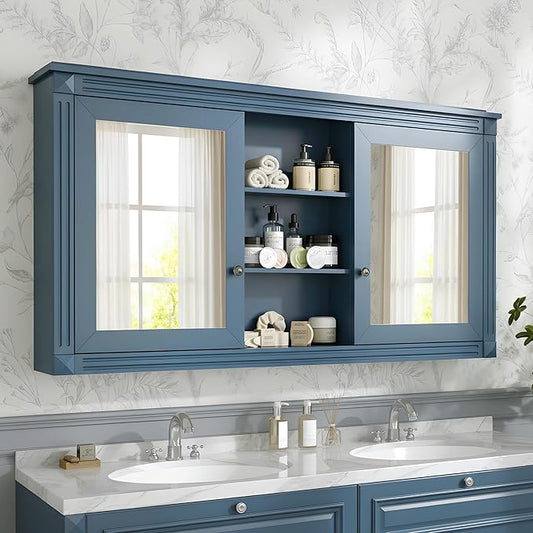 Merax Bathroom Medicine Cabinet with Mirror Door & Adjustable Shelf, 55" x 28" Wall Mounted Bathroom Storage Cabinet with Mirror, Over The Toilet