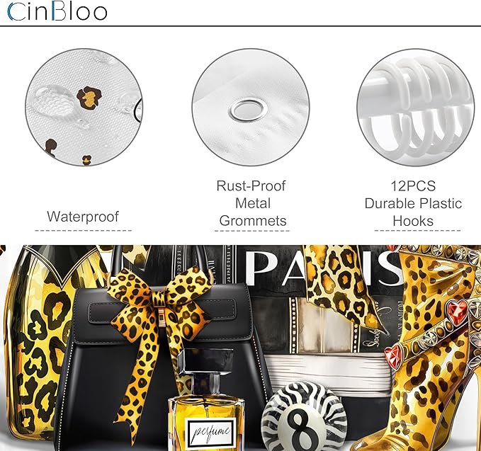 Cinbloo 4Pcs Gold Black Leopard Shower Curtain Set, Luxury Cheetah Bathroom Curtain with Rug, Toilet Lid Cover, Bath Mat, Fashion Magazine Books Perfume High Heels Girly Shower Curtain with 12 Hooks