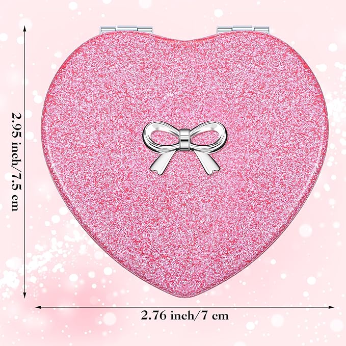 Qianyu Compact Folding Mirror Heart Shaped Double-Sided 1X/2X Magnifying Mirror Cute Mini Glitter Makeup Mirror with PU Leather Ultra-Portable Cosmetic Mirror for Women Home Office Travel (Rose red)