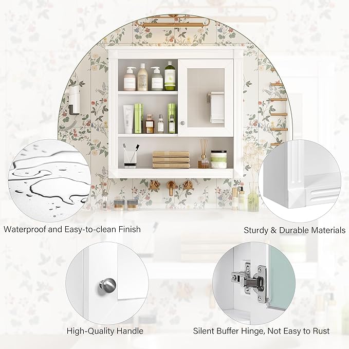 Merax Bathroom Medicine Cabinet with Mirror Door & Adjustable Shelves, 32" x 28" Wall Mounted Bathroom Storage Cabinet with Mirror, Over The Toilet