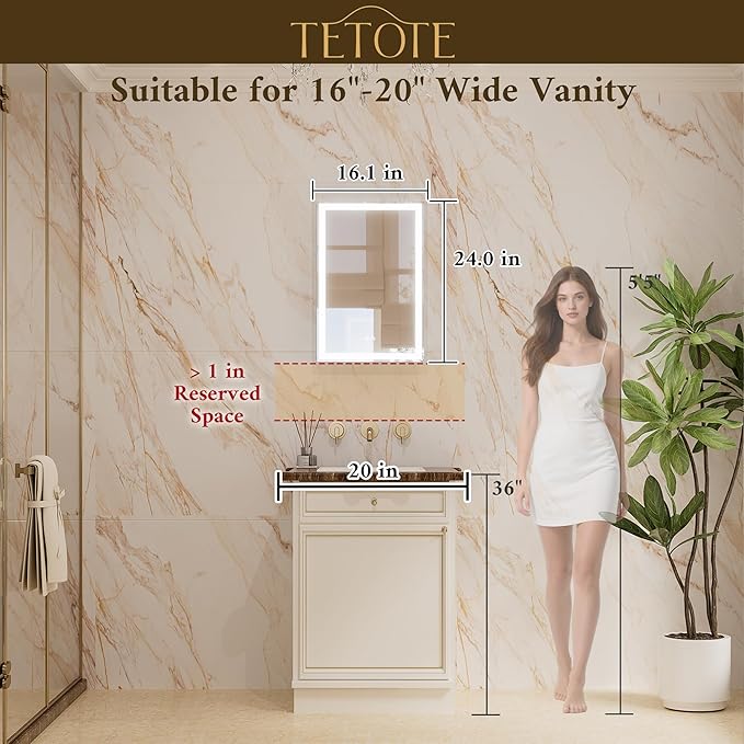 TETOTE 16 x 24 Lighted Bathroom Medicine Cabinet with Adjustable Shelves, Silver Aluminum Cabinet, Anti-Fog Stepless Dimmable 3 Colors White/Warm/Natural, Easy to Install(Wall Mount/Recessed)