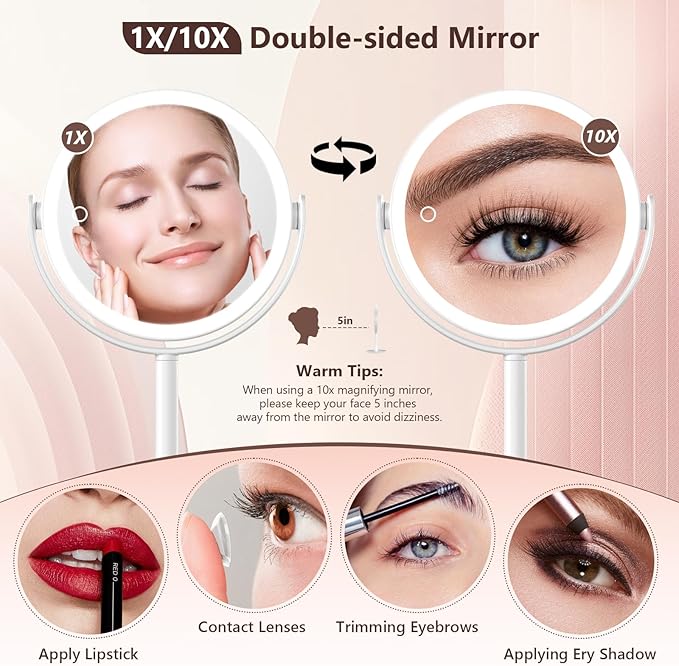 1X/10X Magnifying mirror with light，Magnifying Mirror with 3 Colors Lights,makeup mirror with lights,mirror for desk，Rechargeable double sided lighted makeup mirror,Brightness Adjustable 8.6"Large