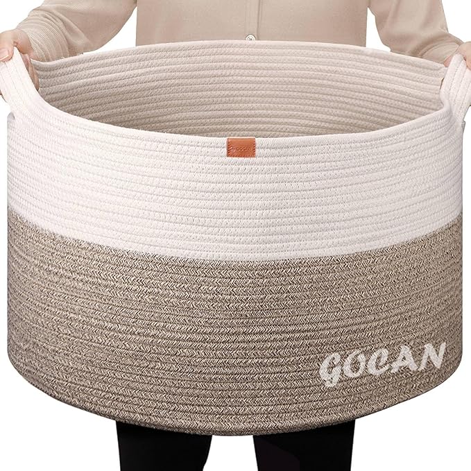 GOCAN Extra Large Laundry Basket toy storage 22"X22"X14" blanket basket Cotton Rope Woven Baskets with Handles for Living Room (Brown/Beige) XXXL