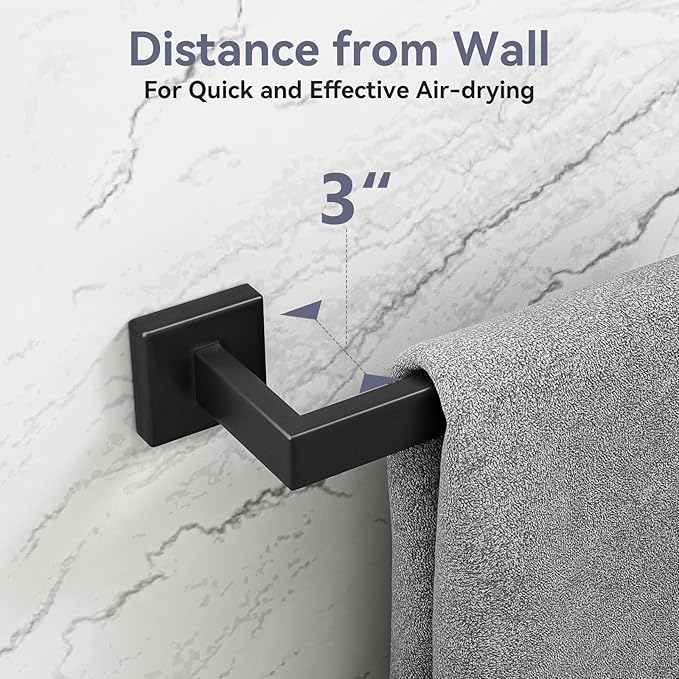 Matte Black Towel Bar, 24 Inch Bathroom Towel Rack, Towel Holder Wall Mounted, Square Base Thicken SUS304 Stainless Steel Towel Rod Modern Home Decor (Total Length 26-Inch)