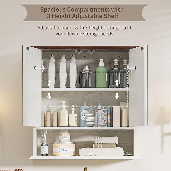 Bathroom Medicine Cabinet with Mirror, Lighted Storage Cabinet Wall Mounted with Doors & Adjustable Wood Shelf, Modern Bathroom Mirror with LED Lights Defogger for Makeup Laundry/Living Room, White