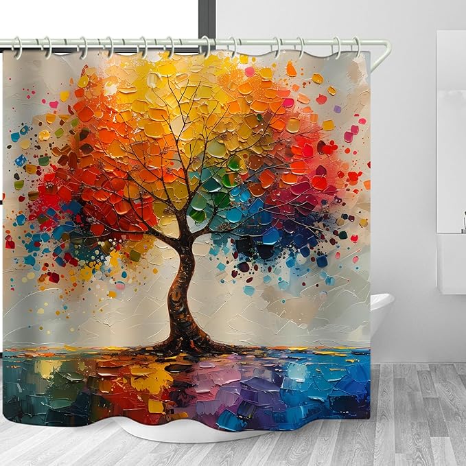 Shower Curtains, with A Unique Oil Painting Tree Theme and Bright Colors, Brings an Artistic Atmosphere to The Bathroom. The 72x79 Inch Fabric Shower Curtain Comes with 12 Hooks.