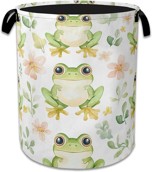 Cartoon Frog Flowers Laundry Hamper Collapsible Laundry Basket Portable Clothes Toy Storage Bin for Bathroom Bedroom Room Decor 16 X 20.8 Inch