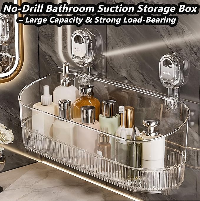 2026 No-Drill Bathroom Suction Storage Box-Large Capacity & Strong Load-Bearing, No Drill Bathroom Shelves, Suction Storage Rack, Removable Hanging Storage Basket, Ripple Acrylic Wall Shelf (2PC-B)