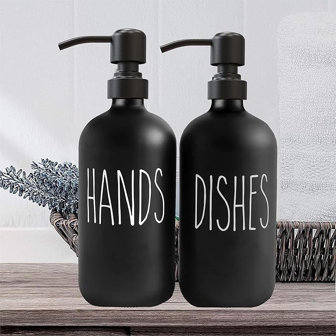 Sunrise Premium 16 OZ Thick Black Glass Soap Dispenser, Matte Black Stainless Steel Pump 2 Pack, Hand and Dish Soap Dispenser Set for Bathroom with 6 Waterproof Labels