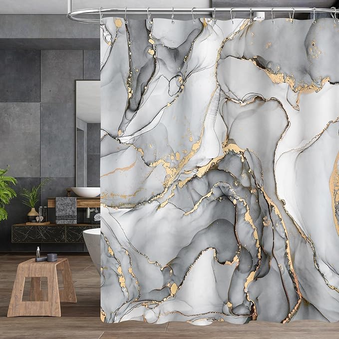 4PCS Grey Marble Bathroom Sets with Shower Curtain and Rugs, Abstract Shower Curtain Sets with Rugs, Gold Bathroom Curtains Shower Set with Toilet Lid Cover Accessories