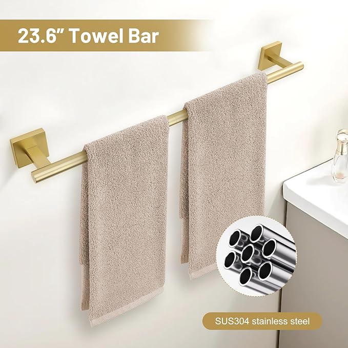 TURS 5-Pieces Brushed Gold Bathroom Hardware Set 23.6 Inch SUS304 Stainless Steel Towel Bar Set Wall Mounted Bathroom Accessories Set