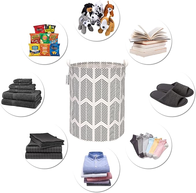 Sea Team 19.7 Inches Large Sized Waterproof Coating Ramie Cotton Fabric Folding Laundry Hamper Bucket Cylindric Burlap Canvas Storage Basket with Stylish Fishbone Black Design
