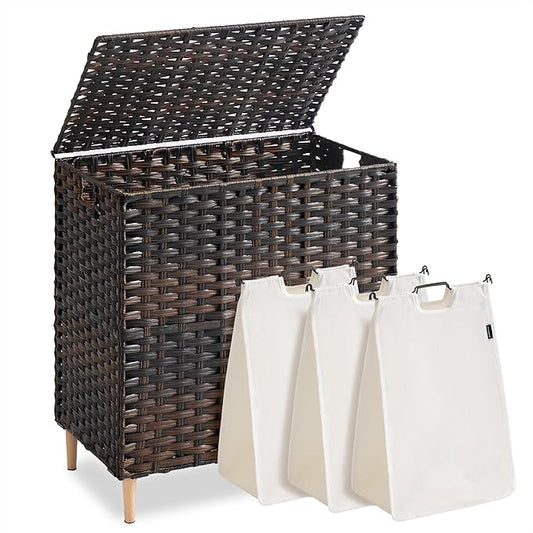 SONGMICS 3-Section Laundry Hamper with Lid, 42.2 Gal (160L) PE Rattan Laundry Basket with Removable Washable Liners, for Bedroom & Living Room, Chestnut Brown ULCB223ME01