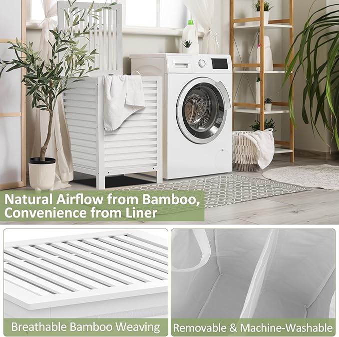 Bamboo Laundry Hamper with Lid, 120L Large Double Laundry Basket with Removable Liner Bag, 2-Section Clothes Laundry Sorter for Bedroom, Bathroom, Laundry Room,18.5 x 18.5 x 25.6 Inches