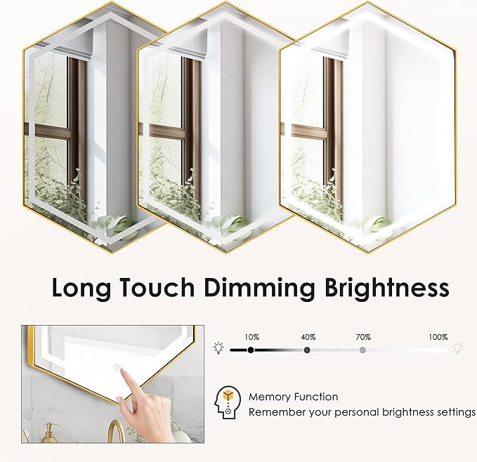 SogesHome Mirror Medicine Cabinet with 3-Color LED Lights, Hexagon Vanity Mirror Storage with 3-Tier Cabinet, Stainless Steel Frame and 2 Shelves for Bathroom, Bedroom, Entryway, Gold