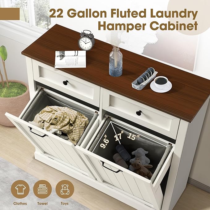 Grepatio Tilt Out Laundry Hamper Cabinet, 22 Gallon Double Hidden Laundry Hamper, Wooden Trash Can Cabinet with 2 Drawers, Farmhouse Garbage Can for Bathroom, Kitchen, Living Room (White)