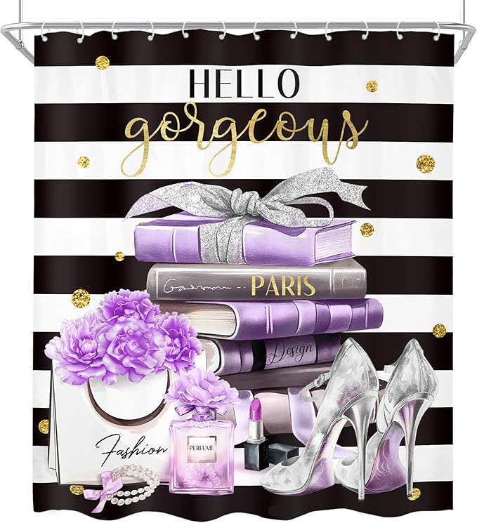 Cinbloo 4Pcs Black and Purple Shower Curtain Set,High Heels Perfume Striped Bathroom Curtain with Rug, Toilet Lid Cover, Bath Mat, Modern Floral Flower Magazine Books Shower Curtain with 12 Hooks