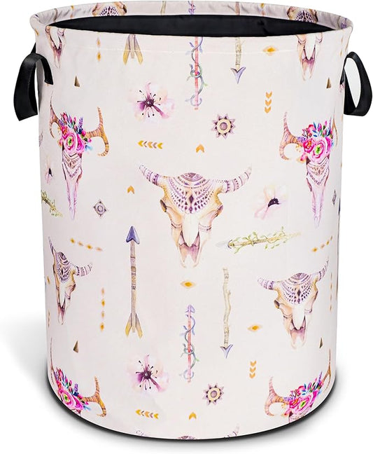 Bohemian Cow Skull Laundry Basket Ethnic Style Foldable Oxford Cloth Funny Tote Bag Laundry Hamper Clothes Storage Bucket Toy Organizer For Bathroom/Laundry Storage/Bedroom 18.9x16.5 Inch