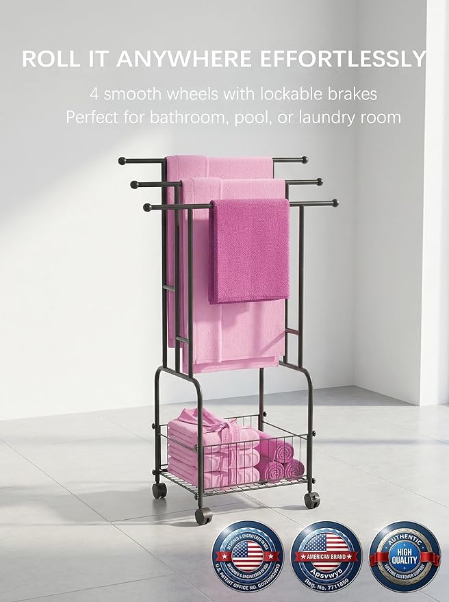 42.5" H Free Standing Towel Rack, 3-Tier Reinforced Alloy Metal Towel Racks for Bathroom with Wheels and Storage Basket, Large Size Pool Towel Rack Outdoor, Multi-Use Blanket Drying Stand