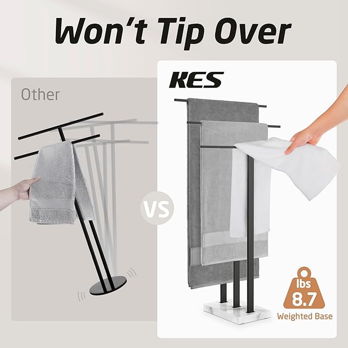 KES Standing Towel Rack with Marble Base, 3-Tier Towel Rack Stand for Bathroom Floor, Towel Racks for Large Bath Towel & Hand Towel, 18/8 Stainless Steel Matte Black, BTH217S3-BK