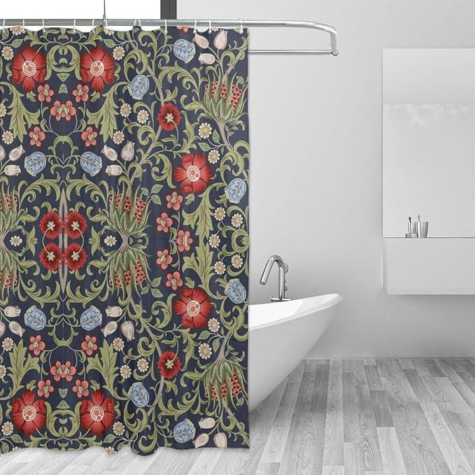 Boho Watercolor Floral Shower Curtain William Morris Design Heavy Duty Fabric Shower Curtain Set Bathroom Polyester Waterproof Shower Curtain 72x72 Inches(183x183cm), Style
