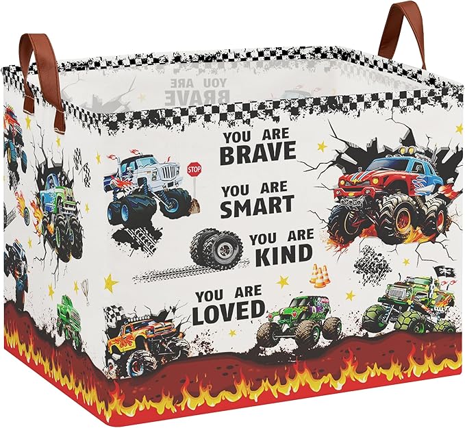 Monster Truck Storage Laundry Basket, Kid Room Decor for Boys,Rectangular Gift Bag Toy Box Shelf Basket ,Collapsible Clothes Book Organizer Bin,Easter Gifts Basket
