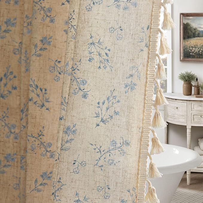 Blue Vintage Linen Shower Curtain, French Country Shower Curtains for Bathroom with Tassels, 72Wx72H