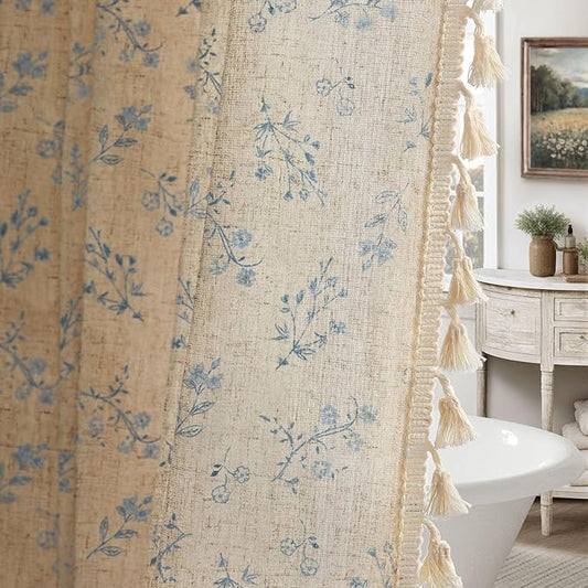 Blue Vintage Linen Shower Curtain, French Country Shower Curtains for Bathroom with Tassels, 72Wx72H