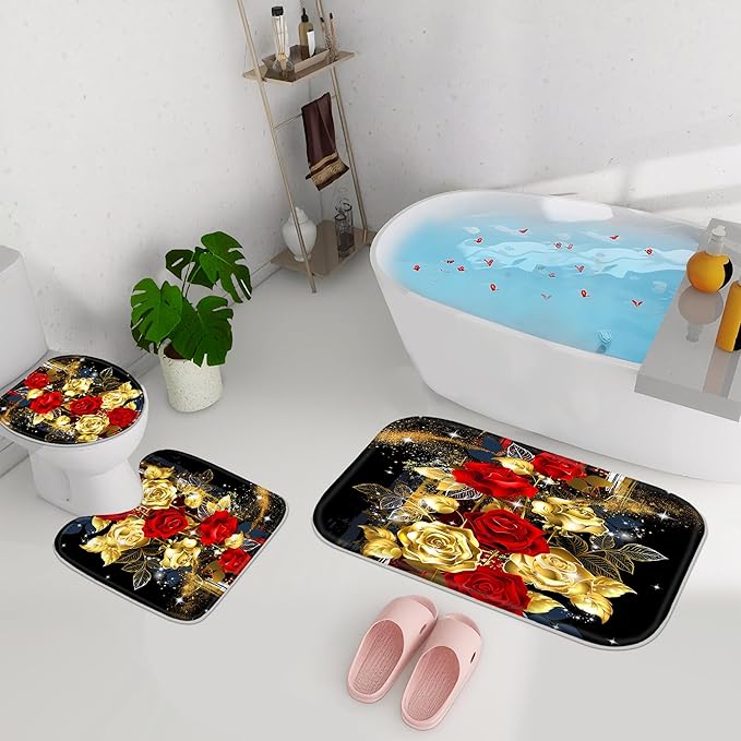 Poedist 4 Pcs Bathroom Set,Gold Dust Rose Shower Curtain Sets, Floral Shower Curtain Sets with Rugs(Bath Mat,U Shape and Toilet Lid Cover Mat) and 12 Hooks