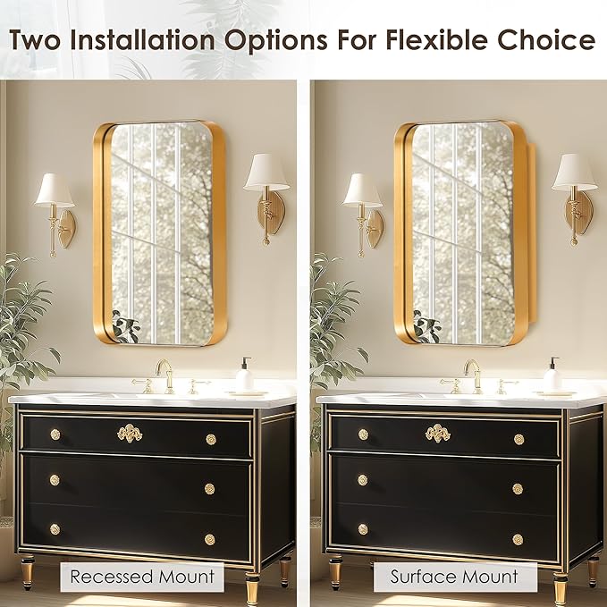 DlandHome Bathroom Medicine Cabinet with Mirror, 24”x16” Recessed Medicine Cabinet for Bathroom with Beveled Edge Mirror, Wall Mounted Deep Set Alumiunm Frame,Golden