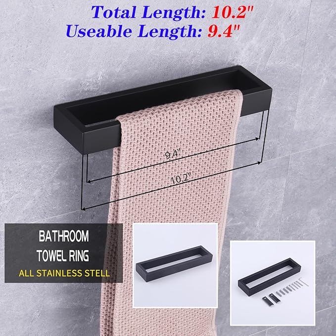 GERZWY Modern Black Towel Holder SUS304 Stainless Steel Towel Hanger Towel Ring for Bathroom Lavatory Wall Mount Contemporary Style HG1706-BK