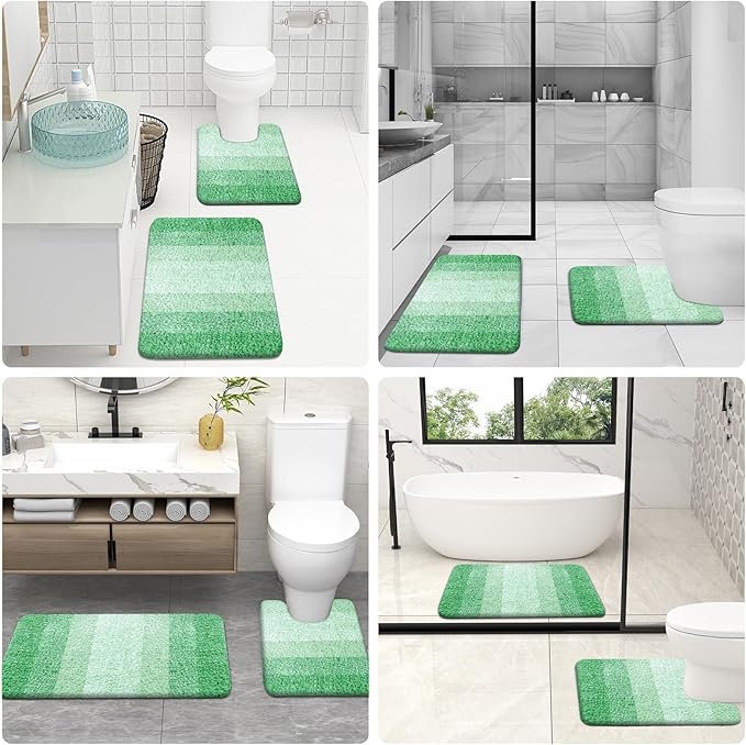 OLANLY Bathroom Rugs Sets 3 Piece, Soft Absorbent Microfiber Bath Mats and U-Shaped Contour Toilet Rug, Plush Shaggy Bath Mat Set for Bathroom (30"x20"+24"x16"+24"x20", Green)