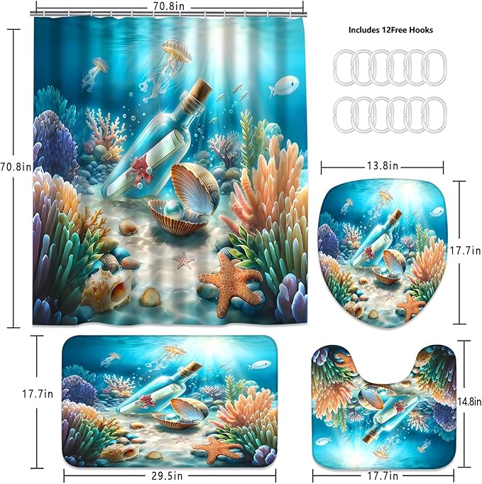 Yizheer 4Pcs Drift Bottle Shower Curtain Sets,Shell Pearl Jellyfish Ocean Scenery Marine Theme Bathroom Curtain with Rugs, Toilet Lid Cover and Bath Mat