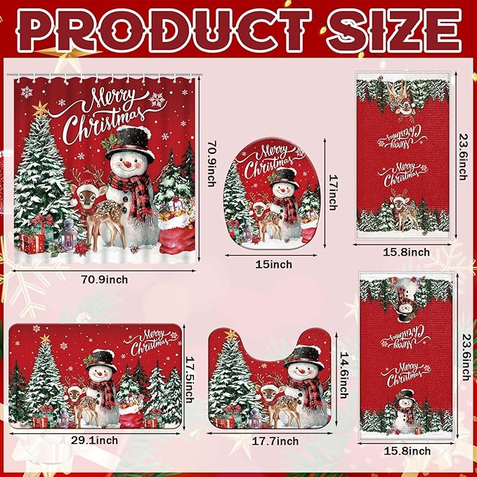 Nuanchu 6 Pcs Christmas Shower Curtain Set with Rug Bathroom Sets with Shower Curtain Bath Mat U Shaped Mat Toilet Lid Cover 2 Bath Towels and 12 Hooks Red Christmas Snowman Bathroom Decor