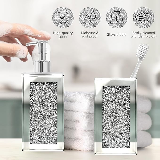 Bathroom Accessories Set, Square 2 Pack Silver Glass Soap Dispenser & Toothbrush Holder with Mirror Finish & Sparkling Diamond Accents, Modern Bathroom Countertop Decor