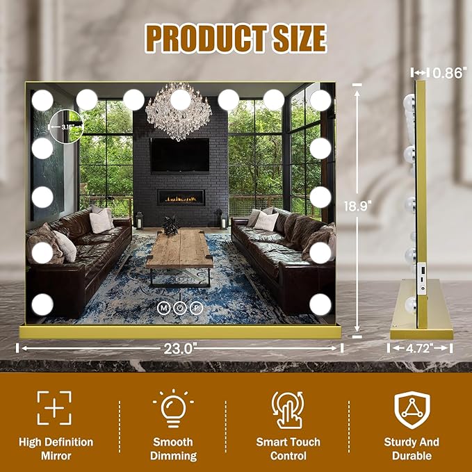 Vanity Mirror with Lights, 23"×18" Large Hollywood Makeup Mirror with 15 Dimmable Bulbs, 3-Color Lighting, Dimmable, 10x Magnification, Desk Mirror, Bedroom (Gold)