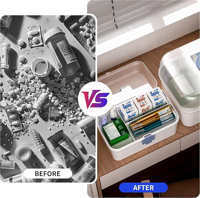 2-Pack Medicine Storage Box, Small & Large Portable Medicine Cabinet Organizer with Trays, Plastic First Aid Box Empty for Family, Medical Supply Organizer, Adult & Child Medication Separation