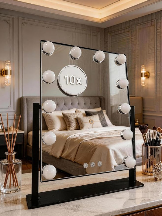 Makeup Vanity Mirror with Lights LED Makeup Mirror Detachable 10X Magnification, Hollywood Make Up Mirror with Lighting, Smart Touch, Rechargeable,360° Rotation, Black 17.12"x13.77"