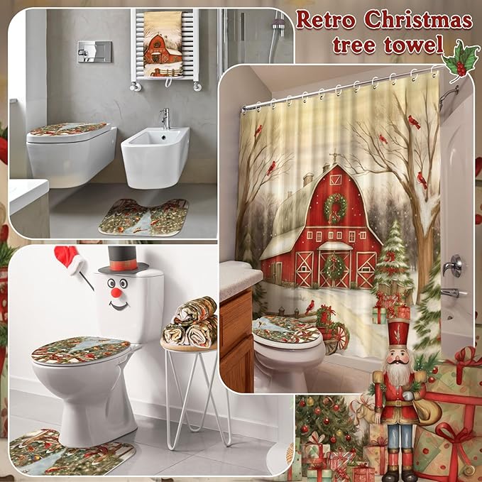 FuWeave 8 Pcs Christmas Shower Curtain Set Xmas Santa Bathroom Decoration Christmas Tree Hand Towels Snowman Toilet Lid Cover Bathroom Rugs Xmas Shower Curtain with Hooks(Farmhouse Style)