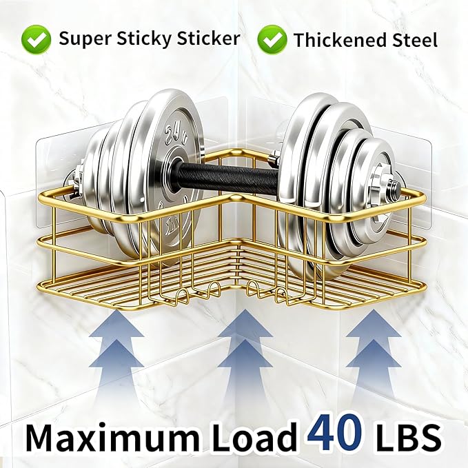 Menbyci 2 Pack Corner Shower Caddy, Adhesive Bathroom Shelf with 8 Hooks, Rustproof Stainless Steel Bathroom Organizer, No Drilling Shower Shelves Basket Wall Storage Rack Shampoo Holder (Gold)