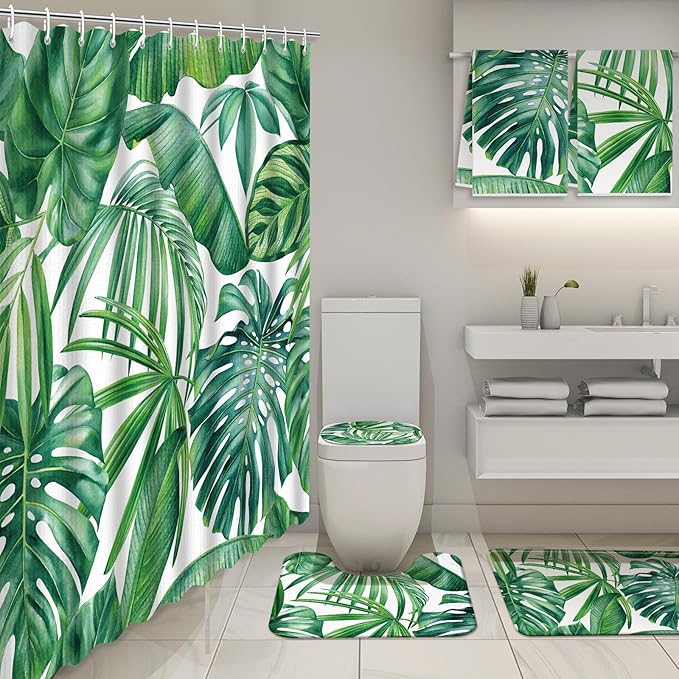 Nuanchu 6 Pcs Tropical Leaves Shower Curtain Set with Rug Green Palm Botanical Banana Monstera Leaf Bathroom Sets with Shower Curtain Bath Mat U Shaped Mat Toilet Lid Cover 2 Bath Towels and 12 Hooks
