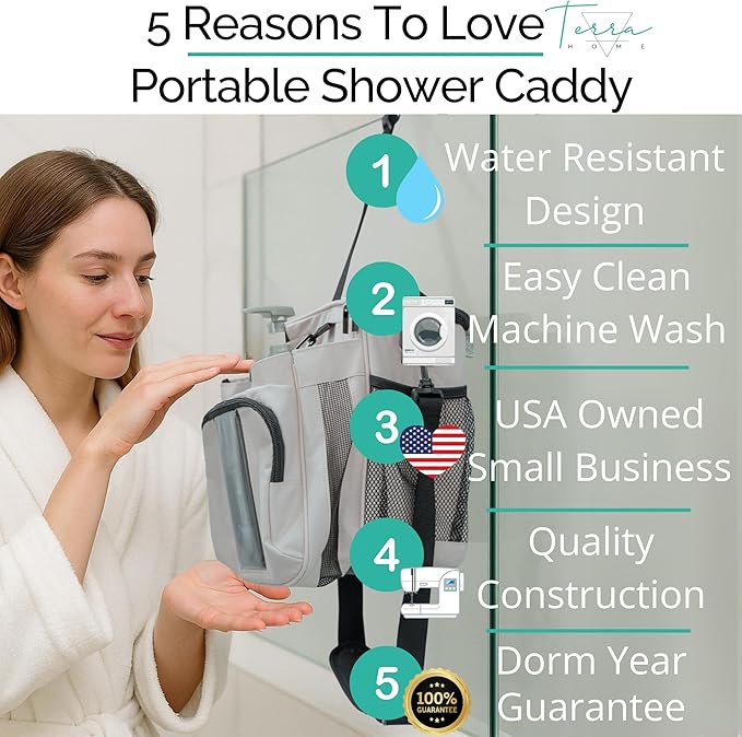 TERRA HOME Portable Shower Caddy Bag- Large Capacity, Quick Dry with Metal Hook - Hanging Shower Bag - Breathable Mesh Toiletry Shower Tote for Gym and College Dorm (Grey, Extra Large)