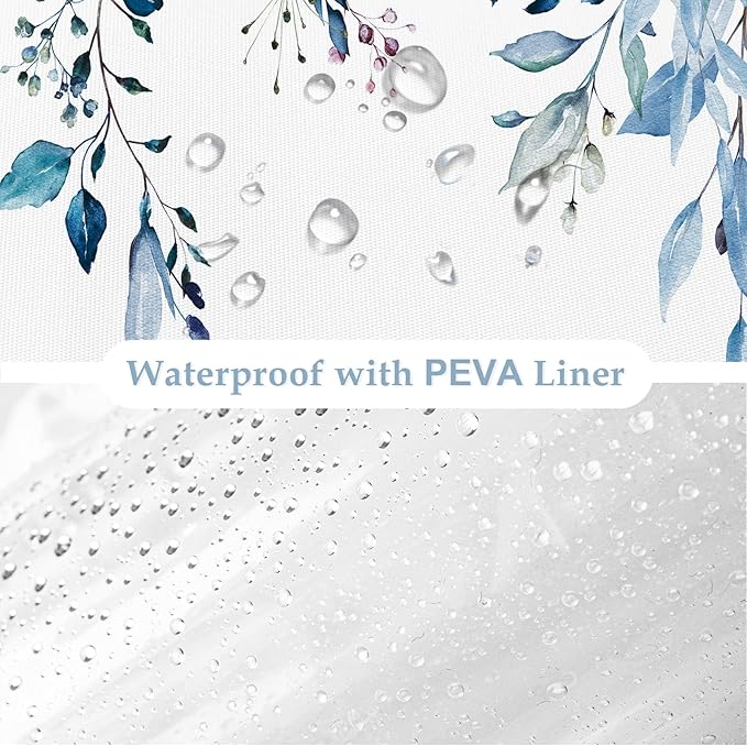 Gibelle Small Stall 3 in 1 Shower Curtain Set,Eucalyptus Bath Curtain with PEVA Liner Set and 12 Metal Hooks, Modern Waterproof Fabric Bathroom Curtain 36x72, Blue