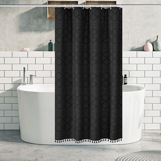 Stall Boho Black Woven Fabric Shower Curtain with Tassels 42 x 72 Modern Farmhouse Minimalist Tufted Chevron Striped Shabby Chic Textured, Water Resistant Curtain for Bathroom, Hotel Decor