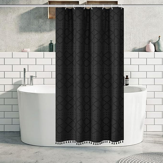 Stall Boho Black Woven Fabric Shower Curtain with Tassels 42 x 72 Modern Farmhouse Minimalist Tufted Chevron Striped Shabby Chic Textured, Water Resistant Curtain for Bathroom, Hotel Decor