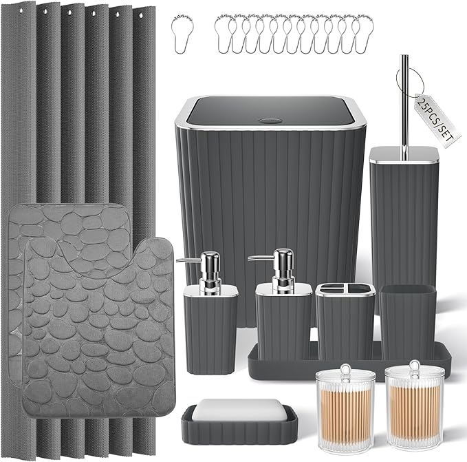 XLHOMO Bathroom Accessories Set- 25PC Grey Bathroom Set, Bathroom Set with Shower Curtain and Rugs, Shower Curtain Set, Toilet Brush, Trash Can, Qtip Holder Dispenser & Soap Dispenser