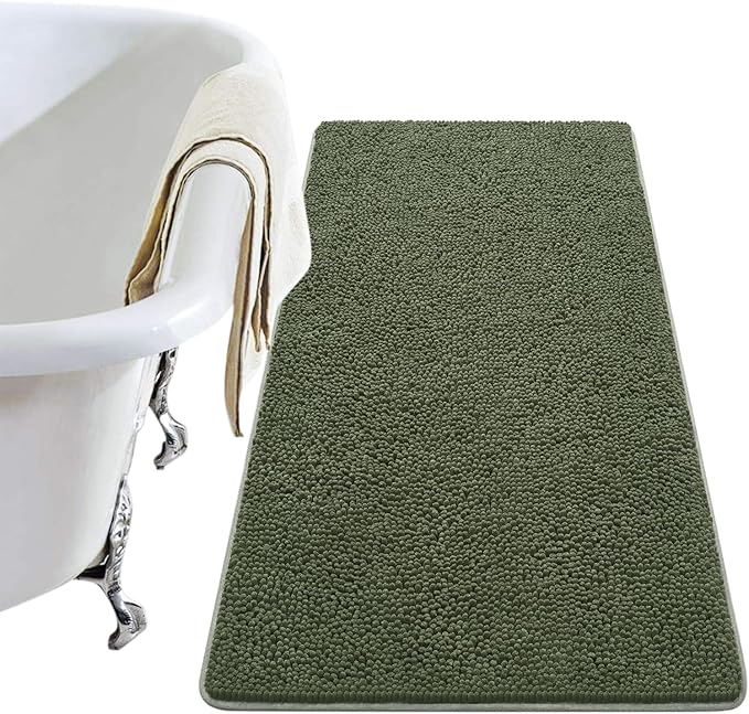 LOCHAS Luxury Bathroom Rug Shaggy Bath Mat 24 x 48 Inch, Washable Non Slip Bath Rugs for Bathroom Shower, Soft Plush Chenille Absorbent Carpets Mats, Olive Green